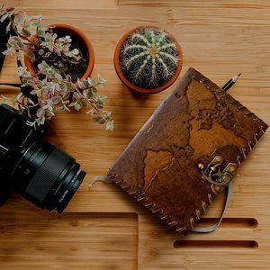 Embossed World Map Leather Diary - Daily Writing and Travel Notebook